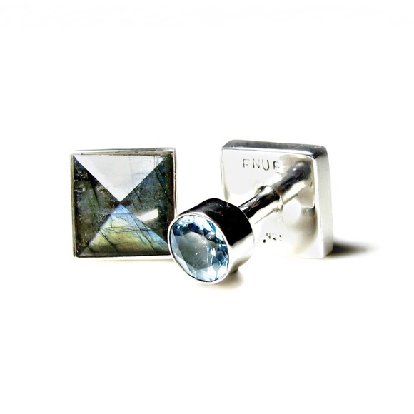 NEW - Handcrafted. .925 Sterling Silver Labradorite and Blue Topaz Cufflinks - Picture 3 of 6
